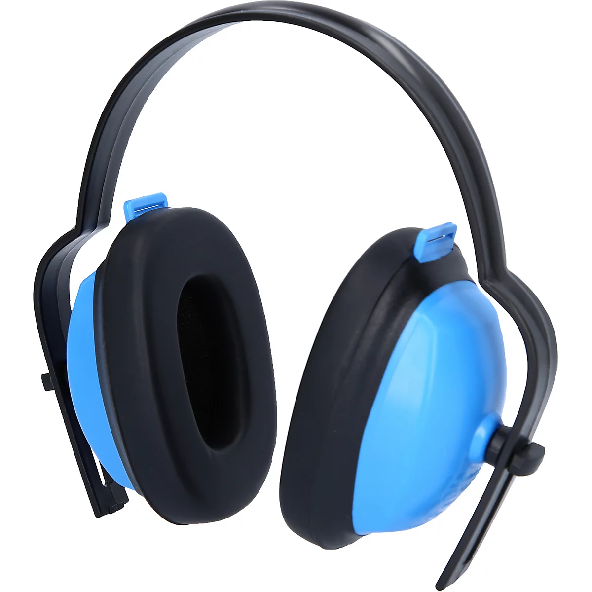 Blau-schwarzer Gehörschutz. Der Bügel ist schwarz. Die Ohrmuscheln sind blau mit schwarzem Rand.